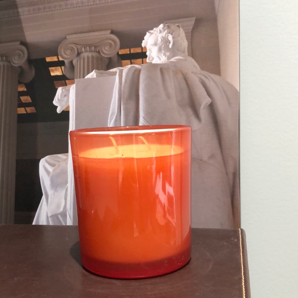 Home Goods 4” soy blend candle, glass holder. Orange glass, citrus scent. New!